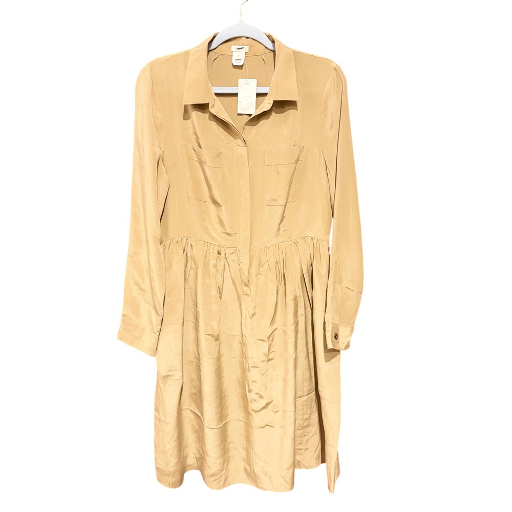 J.Crew Womens 100% Silk Long Sleeve Shirt Dress Tan Khaki 47714 Size 8 New